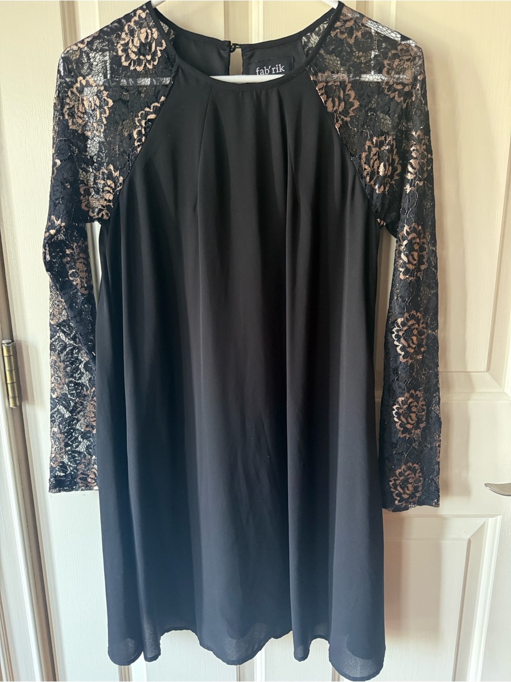 fab'rik Black Dress with Metallic Gold Lace Sleeves- Size Small